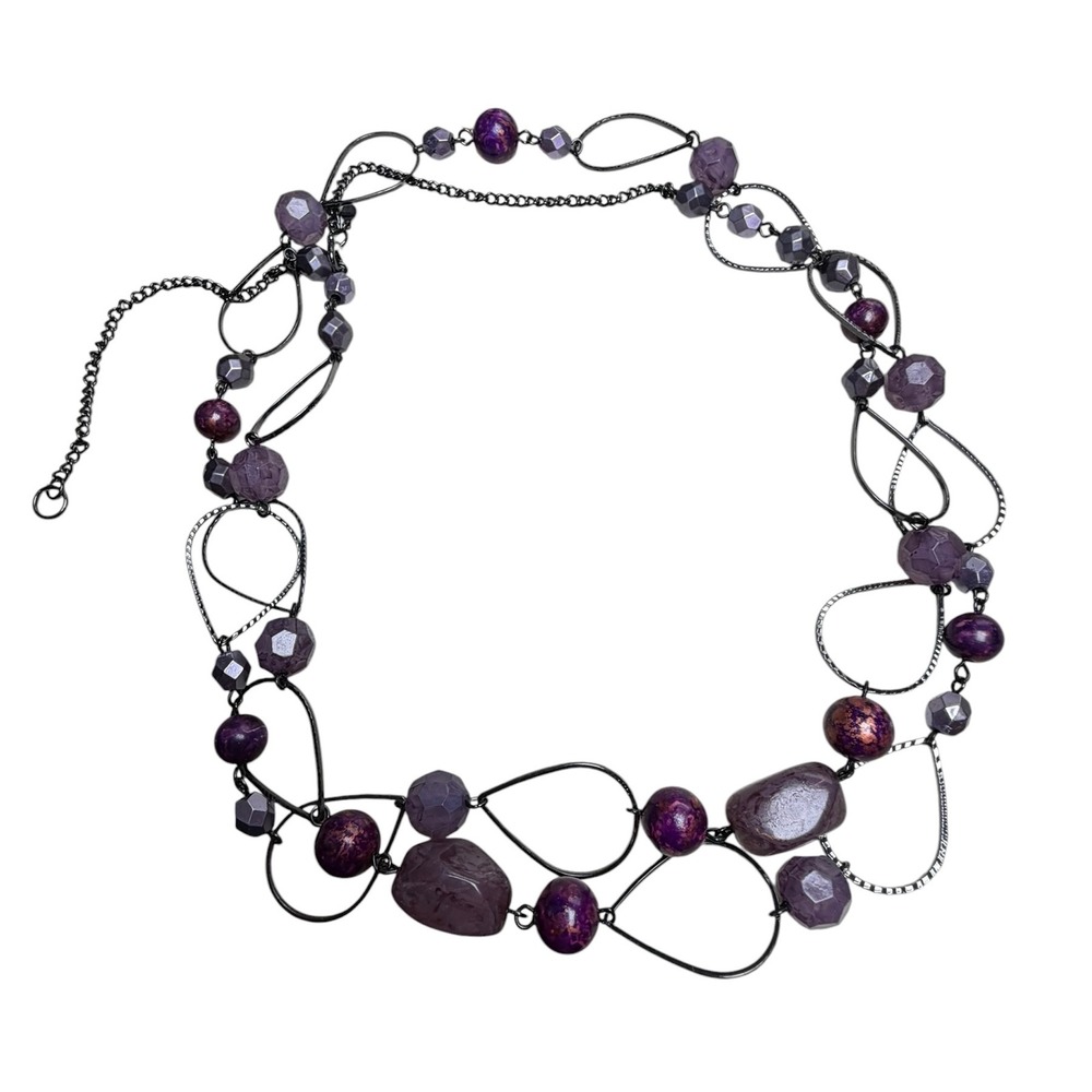 Long Purple Beaded Station Necklace Gunmetal Teardrop Link Boho Multi Strand